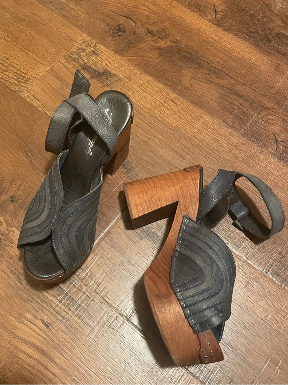 Free People Blue Leather and Wood Platform Wedge